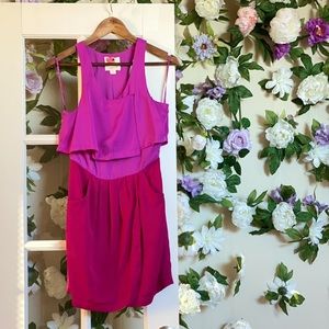 Mini fuchsia and dark pink faux-wrap tank dress.